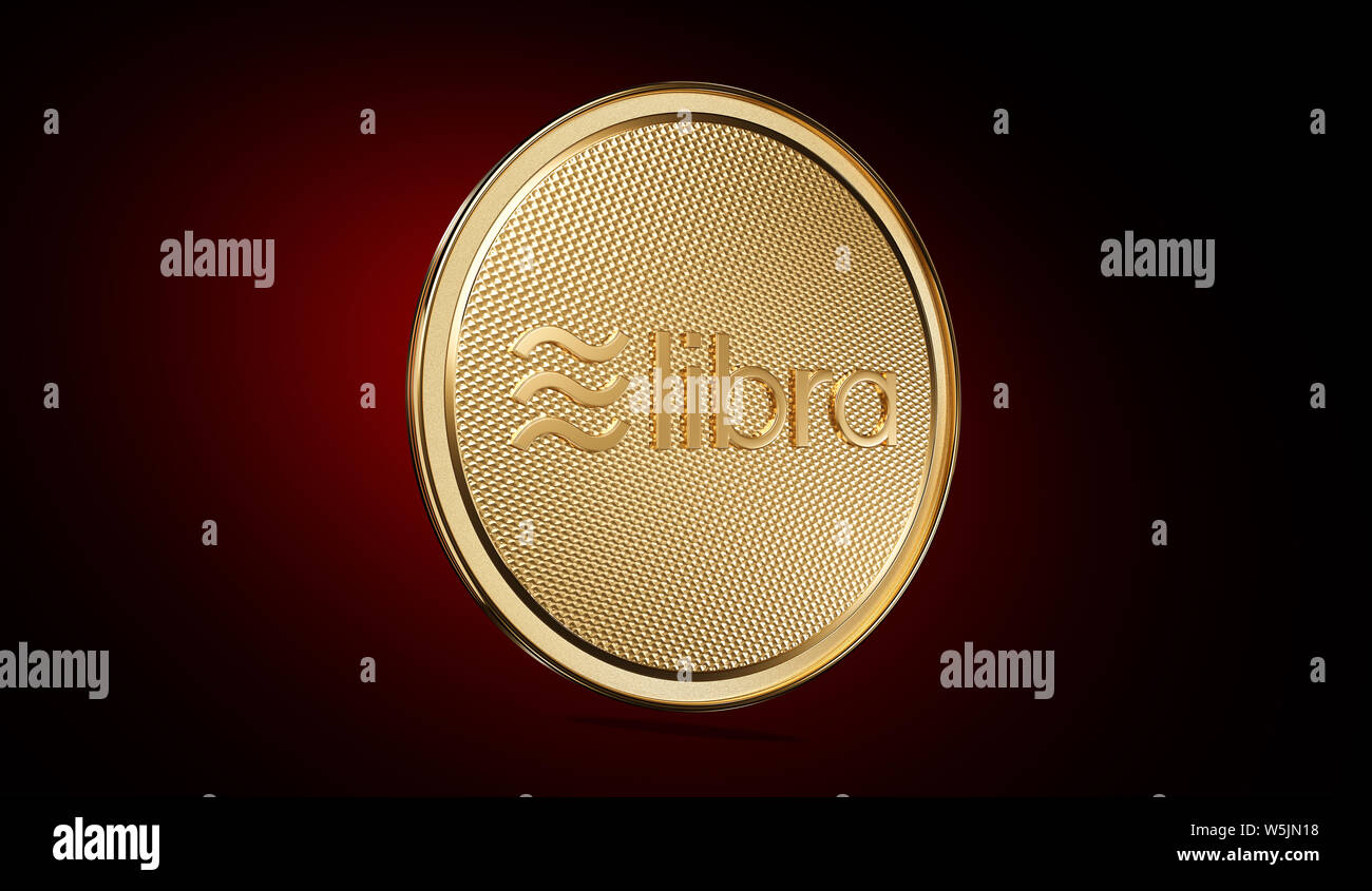 cept of golden Libra coin with logo on front. New project of digital crypto currency payment.  3D render Coin placed on a dark red background. Stock Photo