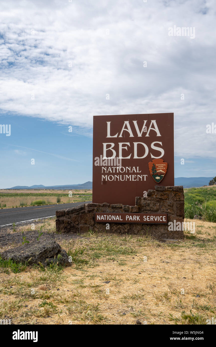 Tulelake, California July 9, 2019 Entrance sign for Lava Beds