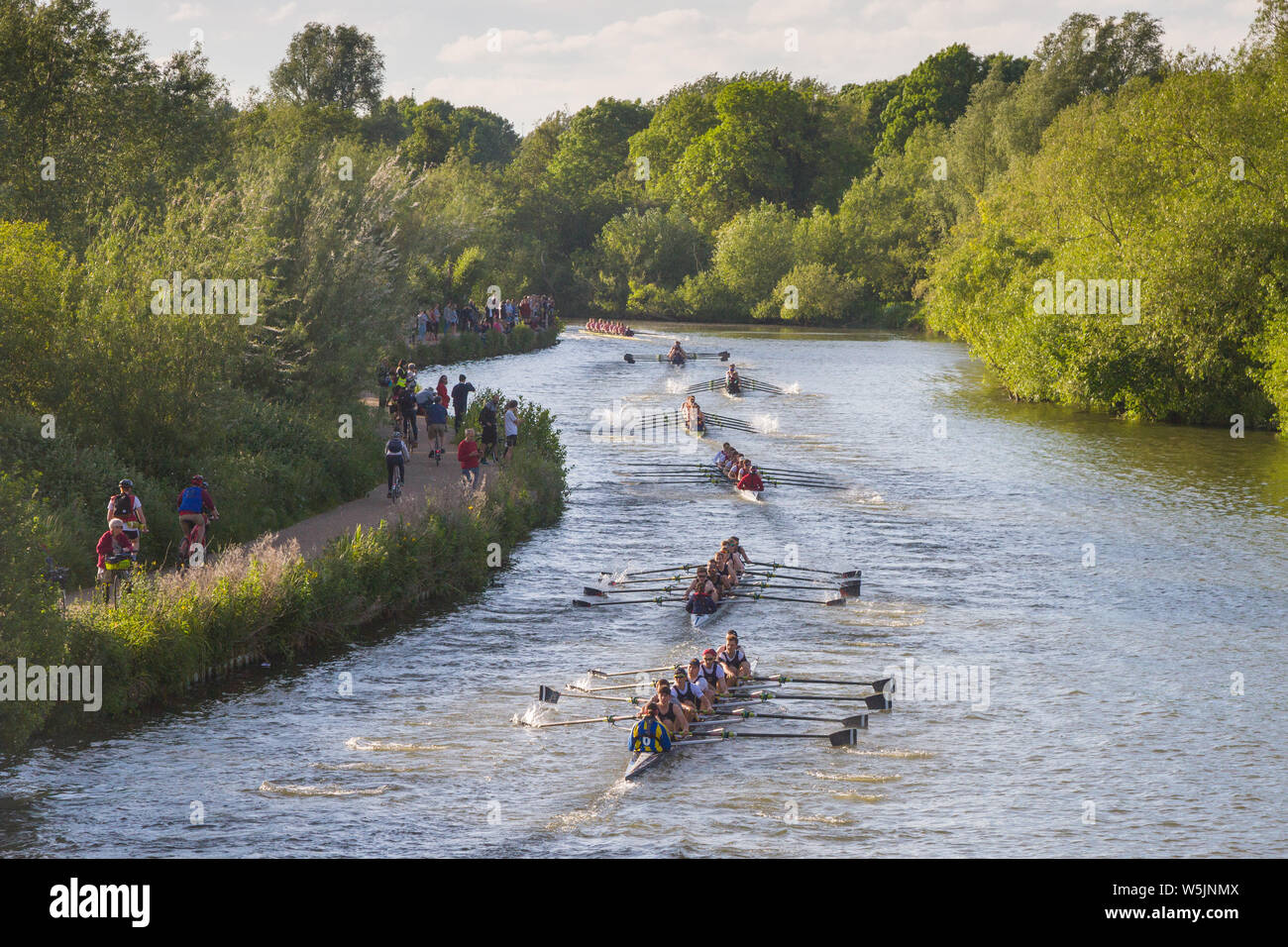 Competitors in the final of the men's Summer Eights set off at the start on the River Isis in Oxford. during Eights Week Stock Photo