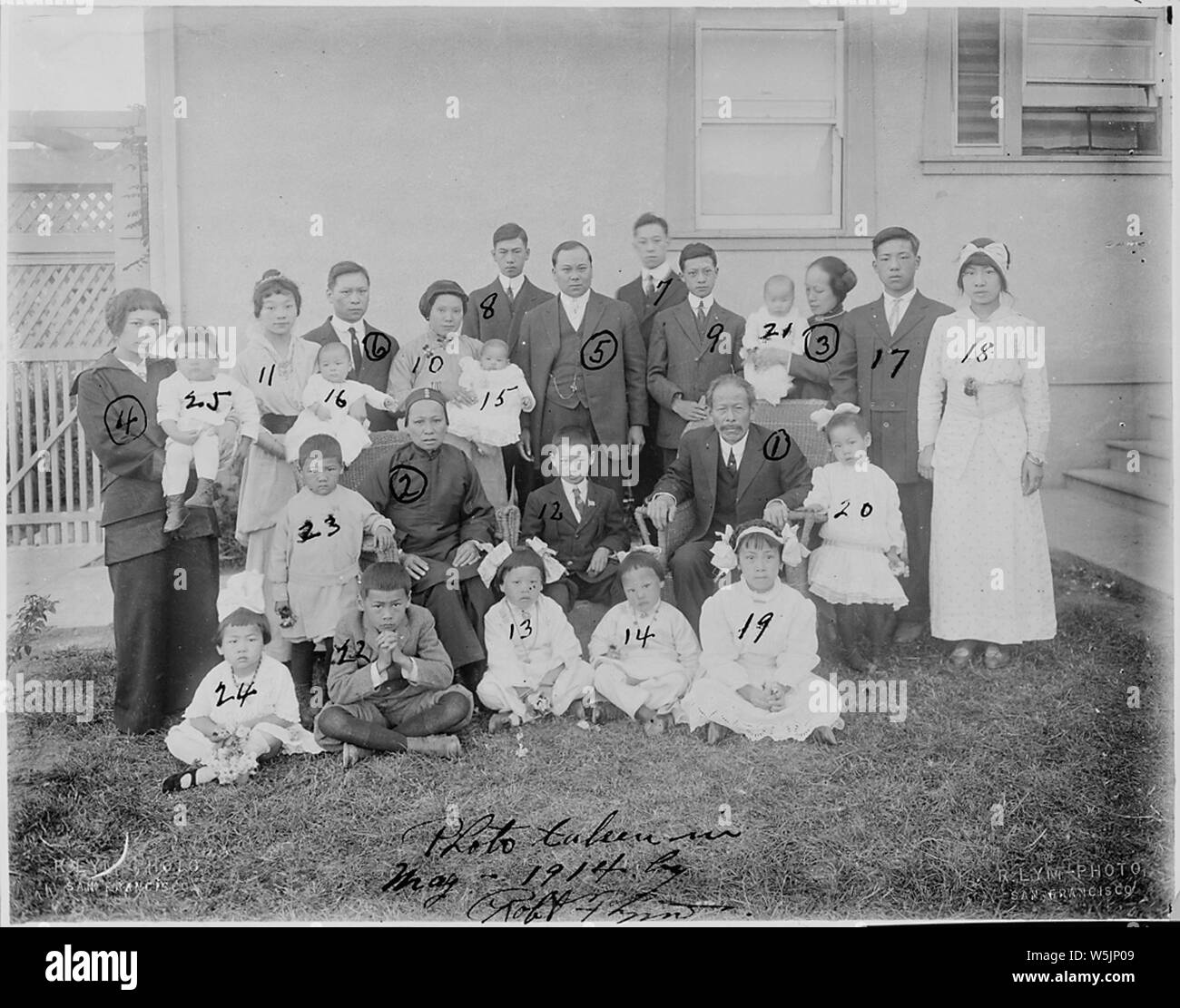 [Multi-Generation Family] Family of Lim Lip Hong alias Lim Tye; Scope and content:  [Multi-Generation Family] Photo taken in May 1914 by Robert F. Lym. [On back of photo:] Family of Lim Lip Hong alias Lim Tye (?hard to read): 1. Lim Lip Hong, father; 2.Chin Shee, mother; 3. Lim Yook, daughter; 4. Lim Young, daughter; 5. Lim Fook Sing (?hard to read), son; 6. Lim Fook Dean (Robt F. Lym), son; 7. Lim Fook Yin (Arthur F. Lym); 8. Lim Fook Wing; 9. Lim Fook Wah; 10. Lee Shee (wife of Lym Fook Sing, #5); 11. Soo Hoo Shee, Ruby Soo Hoo (wife of Robt F. Lym); 12. Lim Lum Quai, son of Lim Sing; 13. Li Stock Photo