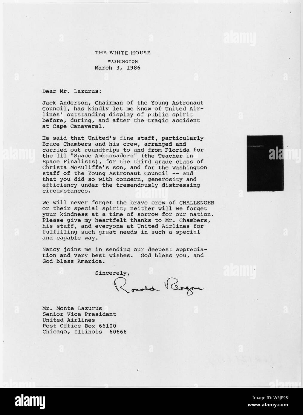 3/3/1986 letter from Ronald Reagan to Monte Lazurus (Senior Vice President, United Airlines); Scope and content:  Letter in which Reagan thanked United Airlines for the assistance which it gave to the Young Astronaut Program following the January 1986 space shuttle Challenger disaster. General notes:  Letter was drafted for Reagan's signature, at Reagan's request. Stock Photo