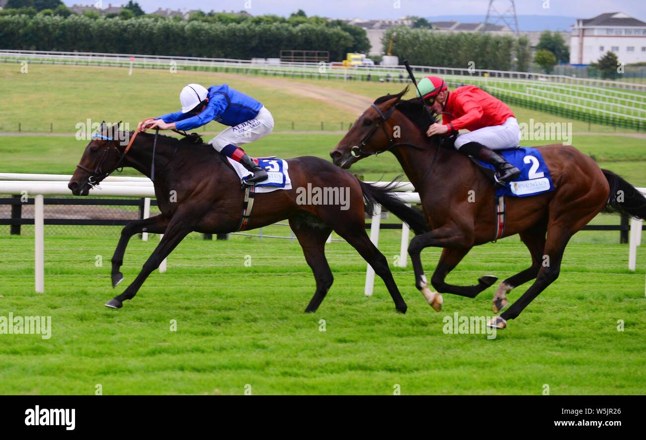 Halimi & Kevin Manning (left) win the Eventus Handicap during day one of the 2019 Summer Festival at Galway Racecourse. Stock Photo