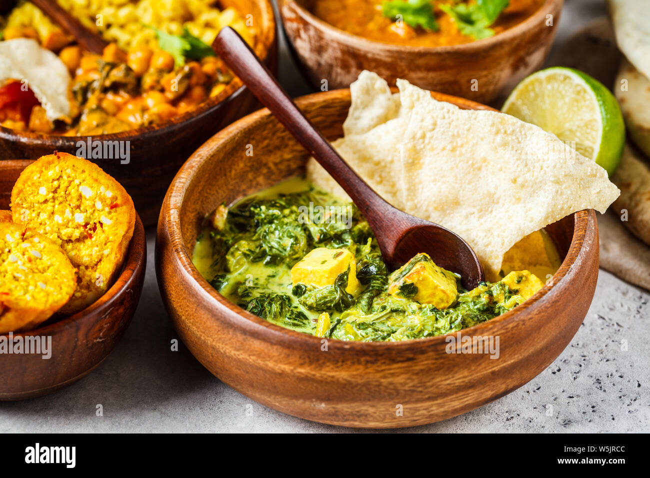Food traditional Indian cuisine. Dal, palak paneer, cheese balls, curry