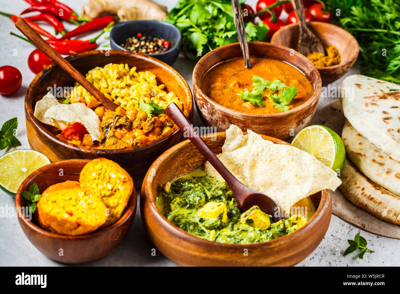 Food traditional Indian cuisine. Dal, palak paneer, cheese balls, curry