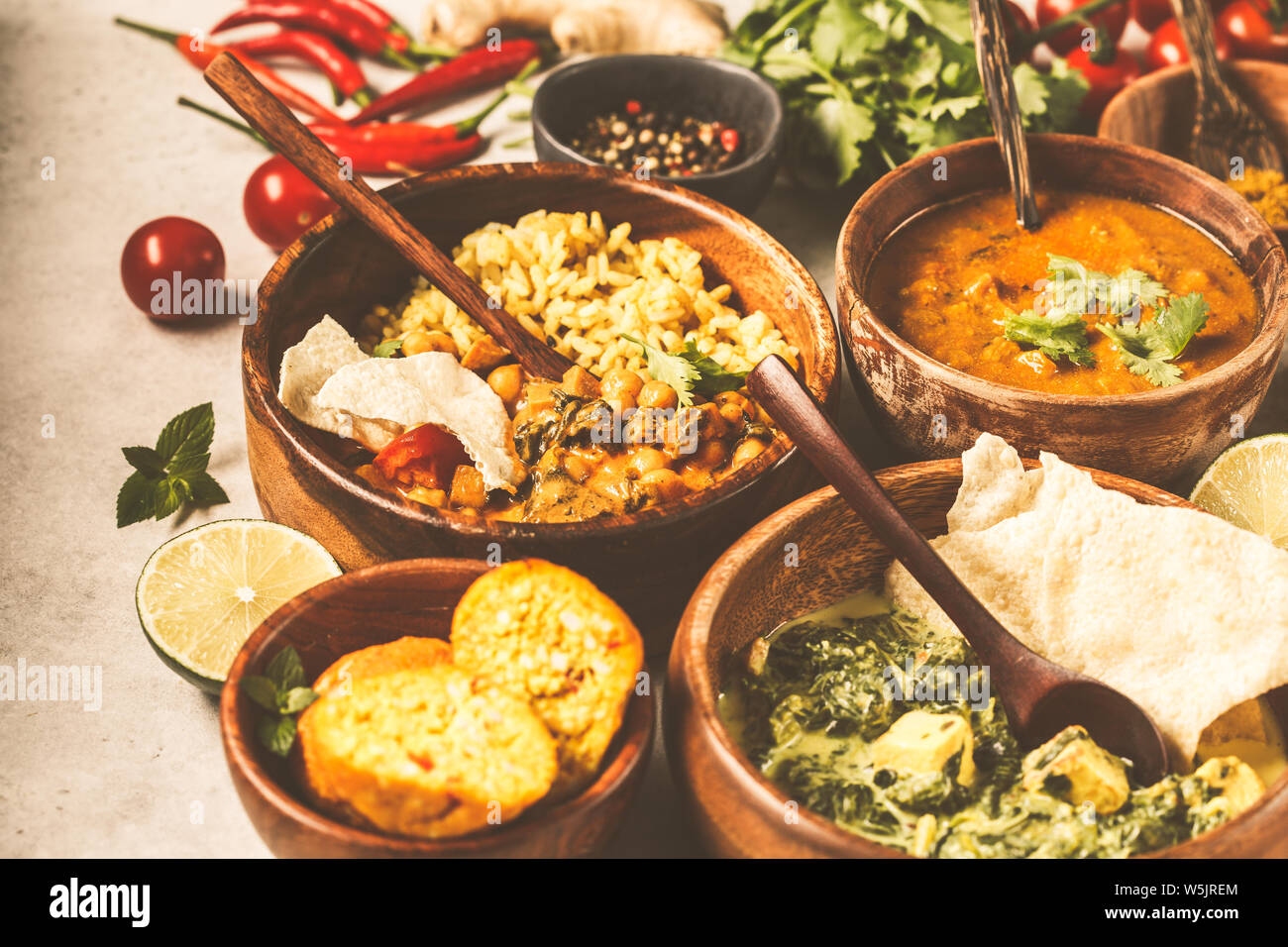 Food traditional Indian cuisine. Dal, palak paneer, cheese balls, curry
