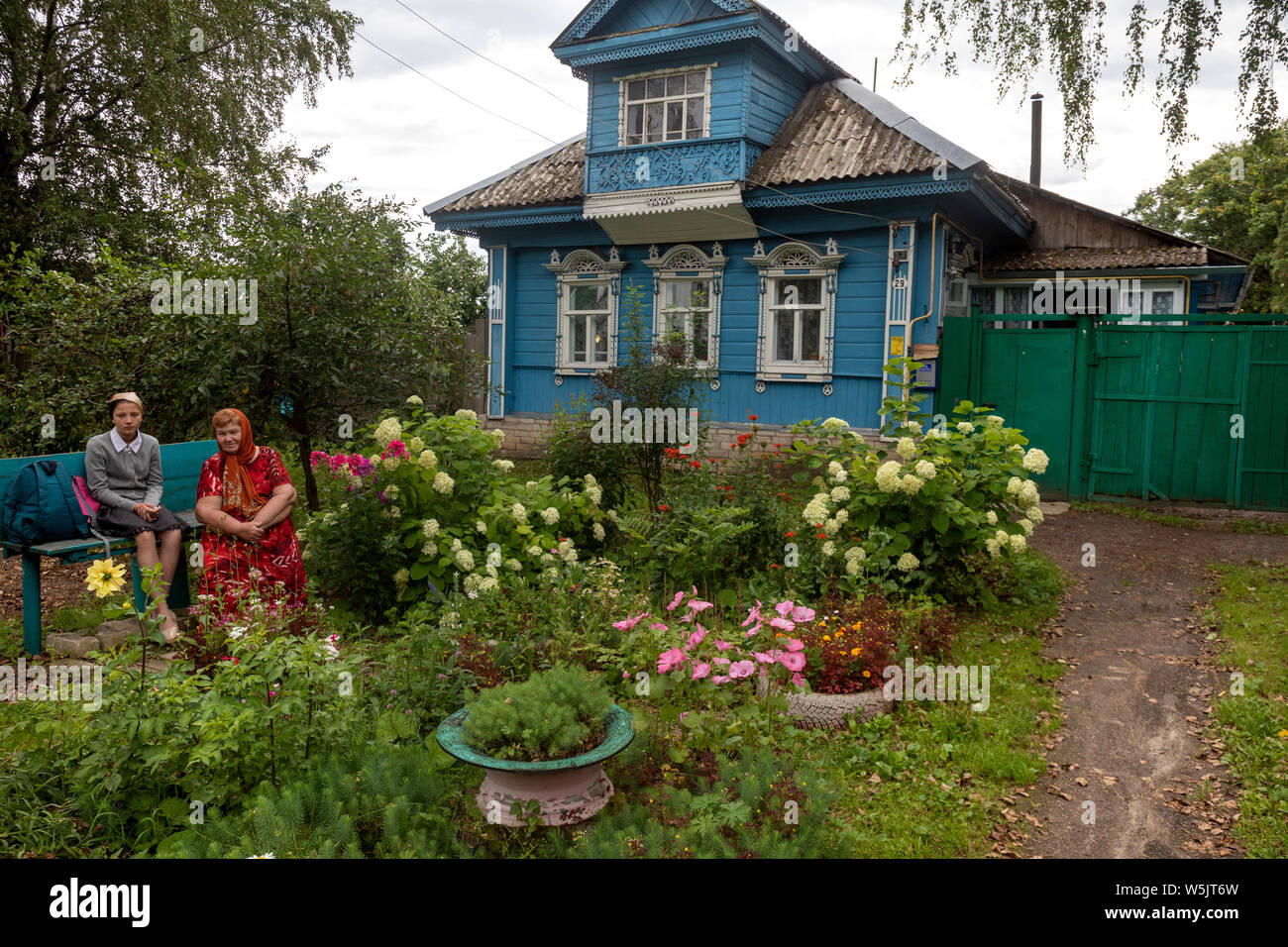 View of a traditionally Russian wooden house in the suburbs of Tutaev, Yaroslavl region. Russia Stock Photo
