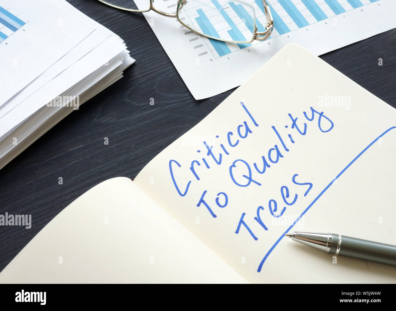 Critical to Quality Trees CTQ and stack of papers. Stock Photo