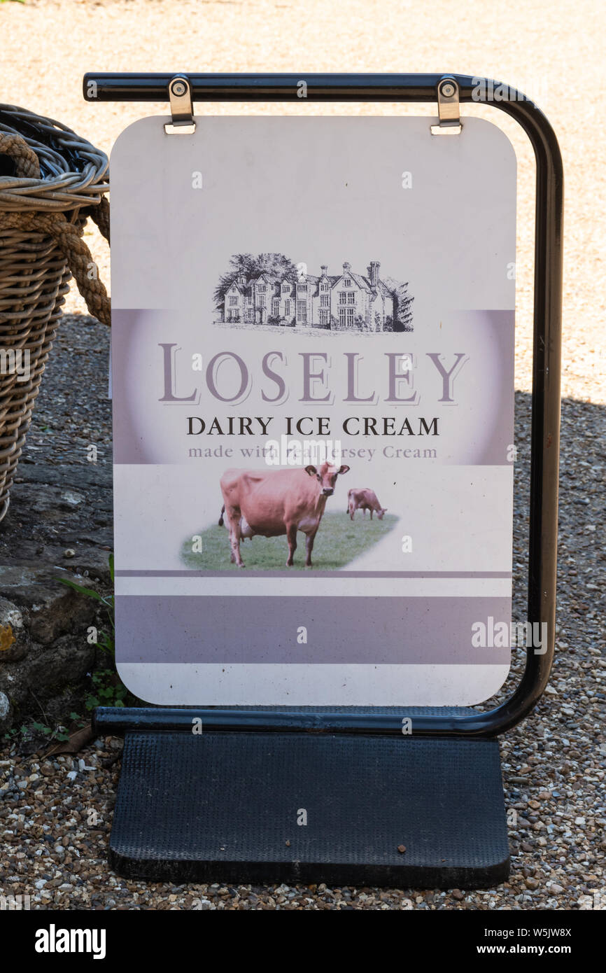 Loseley Dairy Ice Cream sign board at Loseley House and Park in Surrey, UK Stock Photo