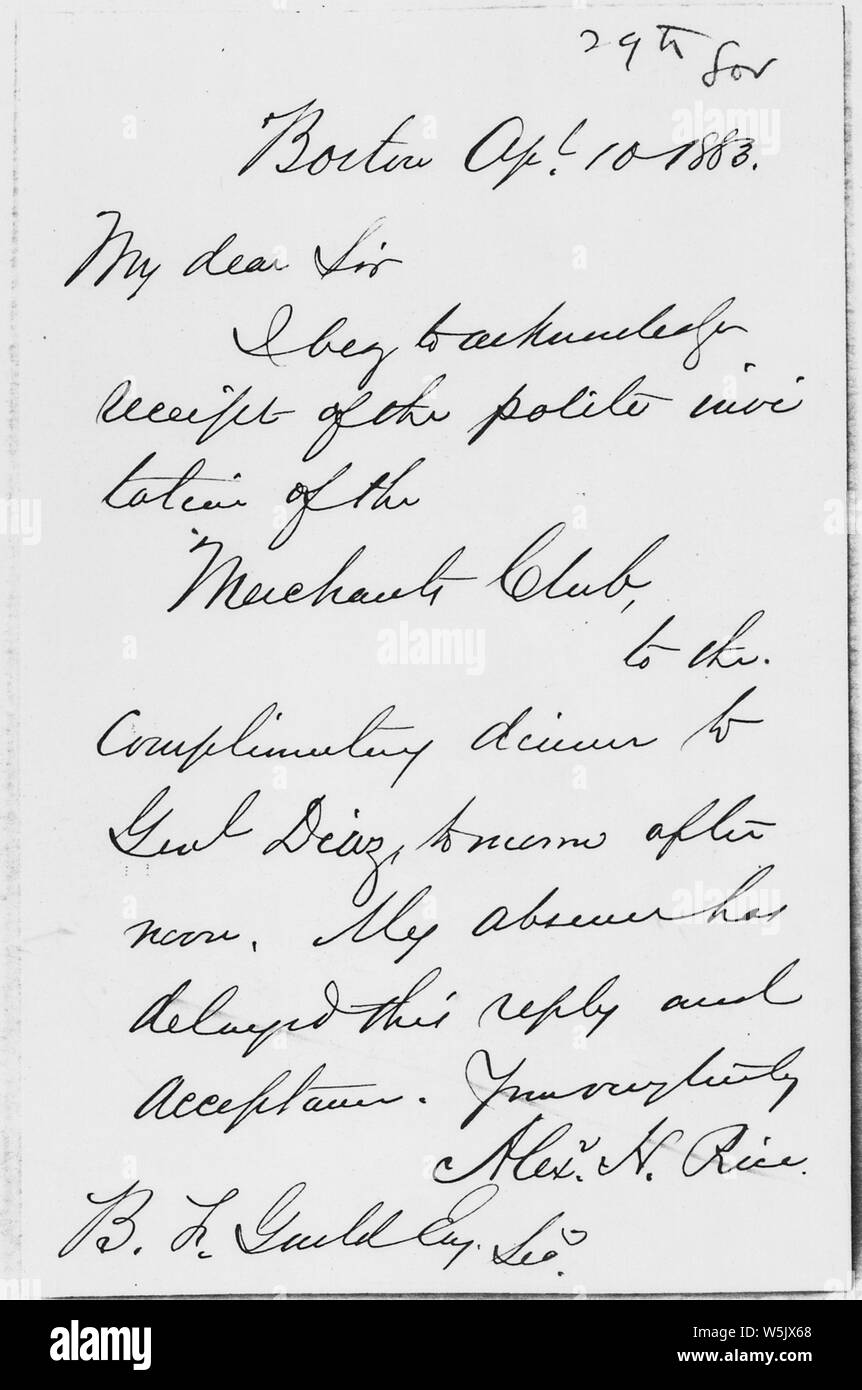 Alexander Rice Letter to B. F. Guild April 10, 1883; Scope and content ...