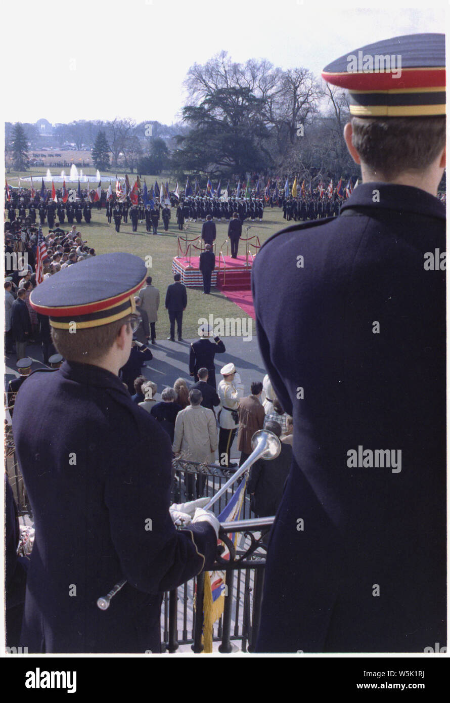 Arrival ceremony for Prince Juan Carlos and Princess Sophia of Spain; Scope and content:  Pictured: Juan Carlos, Princess Sophia, Pat Nixon, President Nixon. Subject: Head of State - Spain. Stock Photo