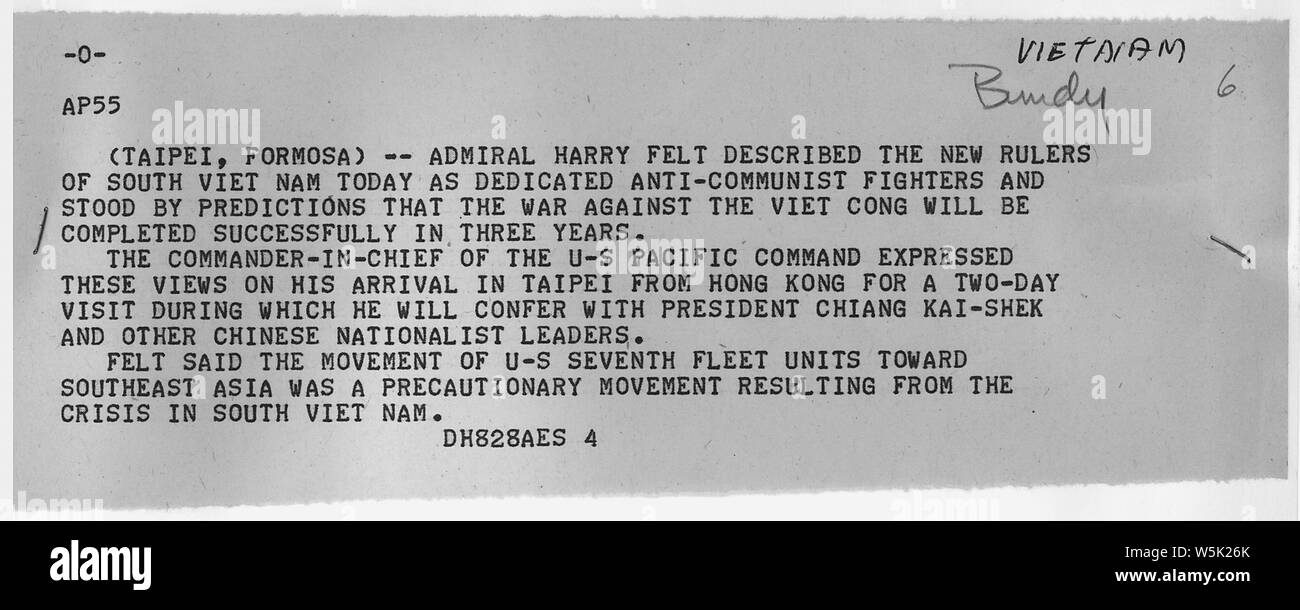 Associated Press Wire Report on Statement by Admiral Felt; Scope and content:  Associated Press report on statement by Admiral Harry Felt concerning the new rulers in Vietnam. Stock Photo