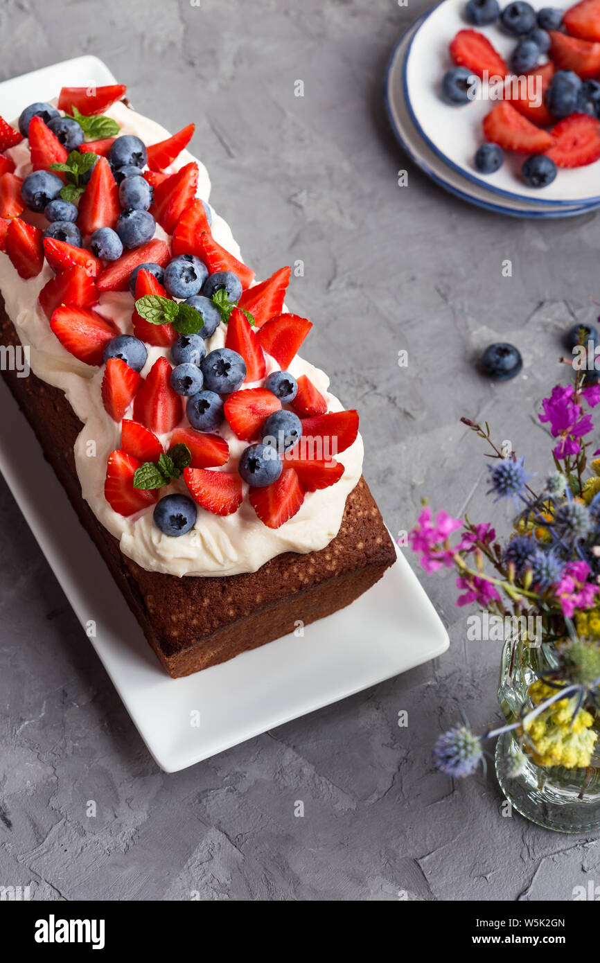 Summer Dessert With Strawberries And Blueberries Cake Loaf With