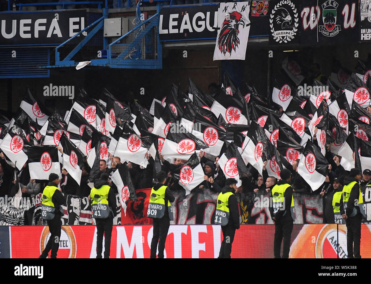 LONDON, ENGLAND - MAY 9, 2019: Eintrach ultras pictured prior to the second leg of the 2018/19 UEFA Europa League Semi-Finals game between Chelsea FC (England) and Eintracht Frankfurt e.V. (Germany) at Stamford Bridge. Stock Photo