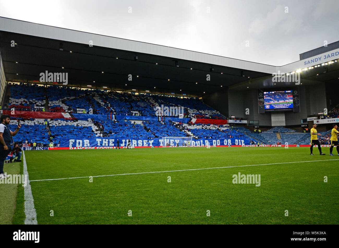 GLASGOW, SCOTLAND - JULY 18, 2019: Rangers ultras display a tifo prior to the 2nd leg of the 2019/20 UEFA Europa League First Qualifying Round game between Rangers FC (Scotland) and St Joseph's FC (Gibraltar) at Ibrox Park. Stock Photo