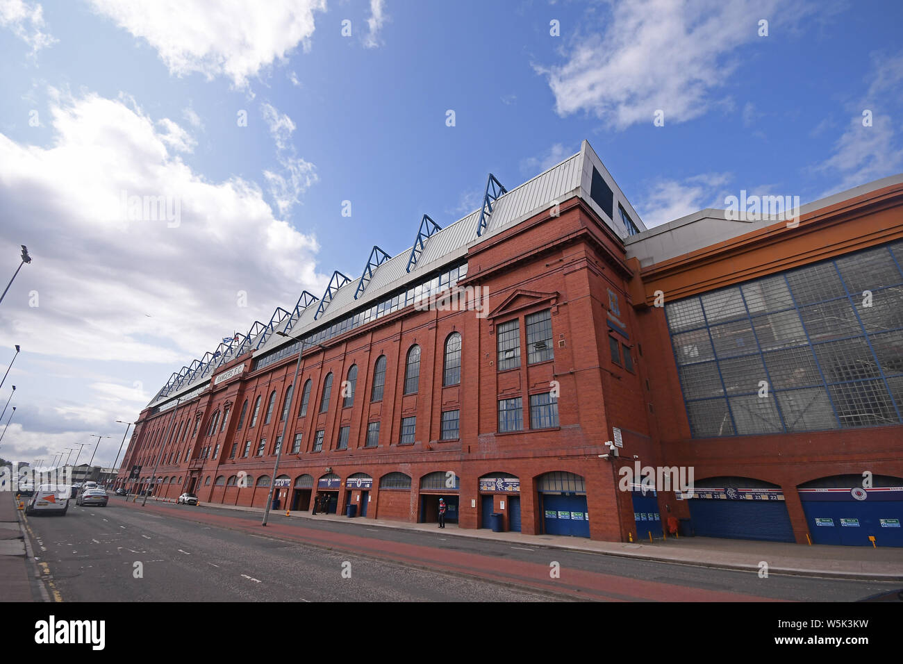 GLASGOW, SCOTLAND - JULY 18, 2019: Outside view of the venue seen ahead of the 2nd leg of the 2019/20 UEFA Europa League First Qualifying Round game between Rangers FC (Scotland) and St Joseph's FC (Gibraltar) at Ibrox Park. Stock Photo