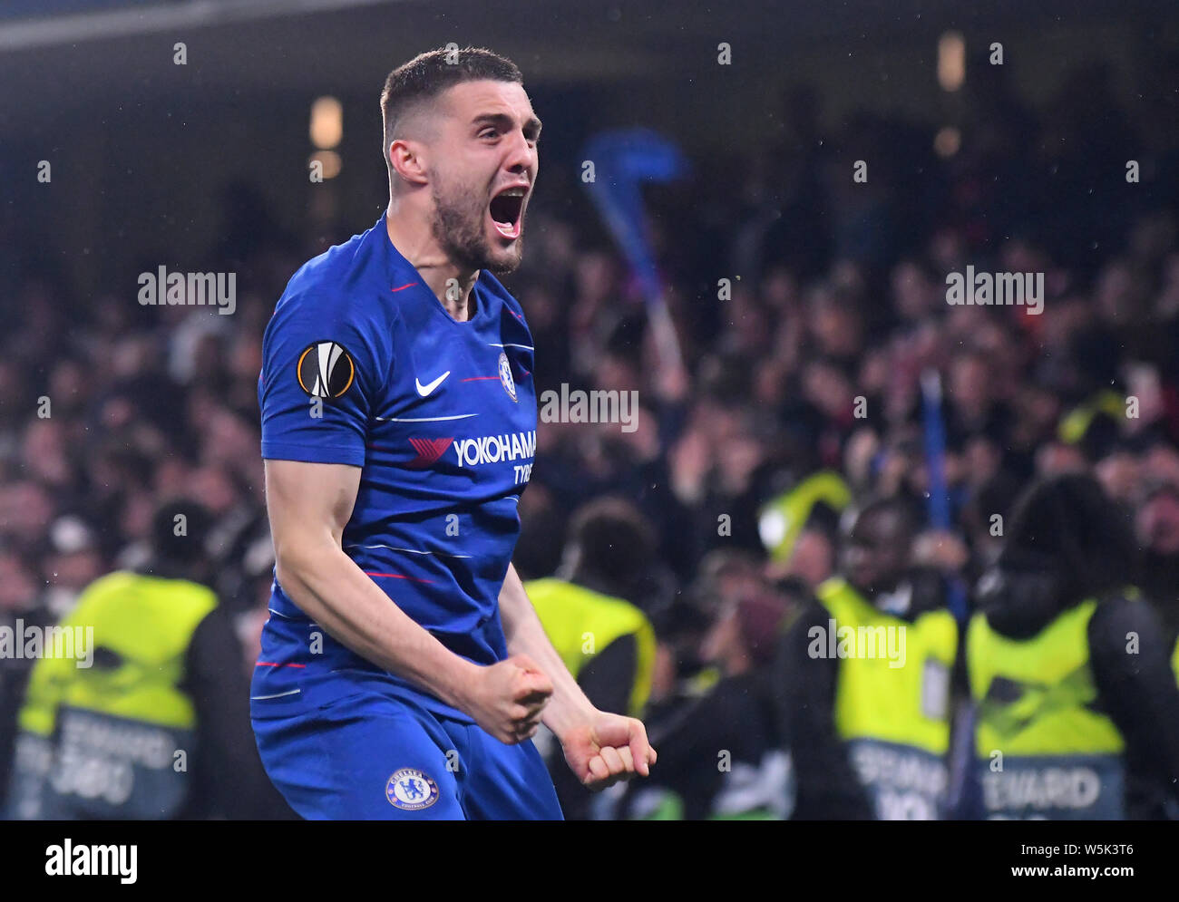 LONDON, ENGLAND - MAY 9, 2019: Mateo Kovacic of Chelsea celebrates the second leg of the 2018/19 UEFA Europa League Semi-Finals game between Chelsea FC (England) and Eintracht Frankfurt e.V. (Germany) at Stamford Bridge. Stock Photo