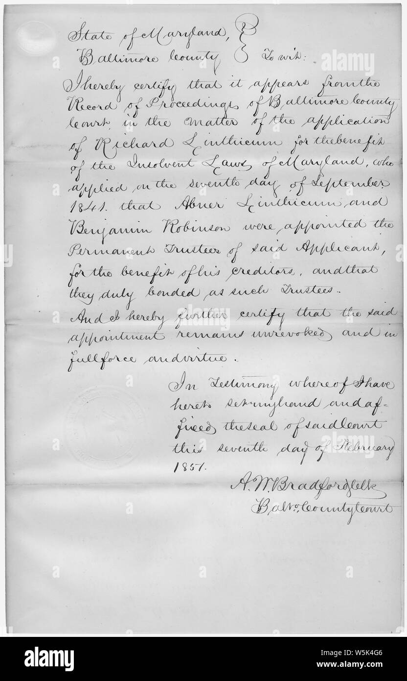 Benjamin Robenson's Original Fugitive Slave Petition and Ownership Documentation: Court Record; Scope and content:  Mr. Robenson requests permission of the court to seek out and recover his fugitive slaves: James Johnson, Horace Johnston, Lloyd Edwards, and Dennis Cole. Stock Photo
