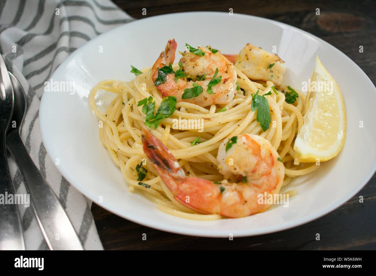 Lemon Garlic Shrimp with Spaghetti Stock Photo