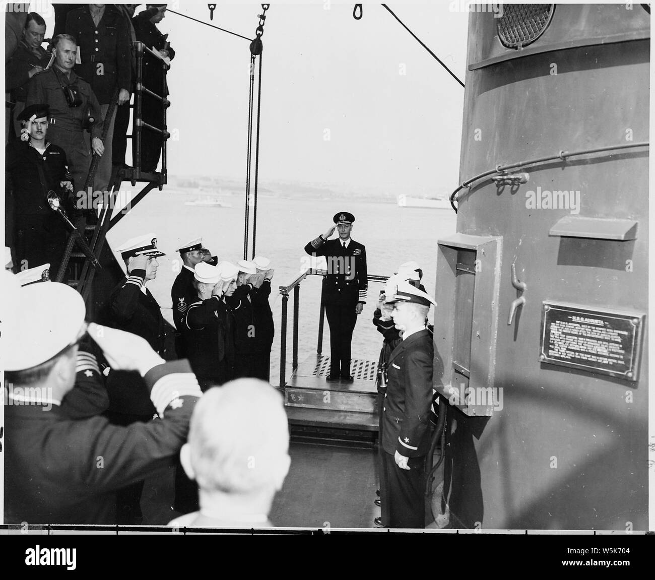British King George VI pays a visit to President Harry S. Truman aboard the U. S. S. Augusta, in waters off Plymouth, England. President Truman is preparing to return to the United States after attending thek Potsdam Conference in Germany. Stock Photo