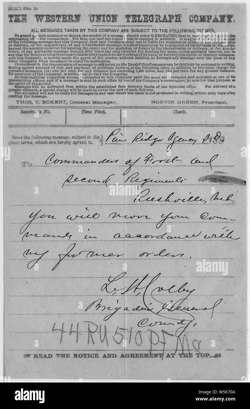 Brigadier General Colby to Commanders of First and Second Regiments on Troop Movements.; Scope and content:  This is document pertains to: Correspondence Between Military Officers Regarding Wounded Knee Tragedy. November 24, 1890 to January 24, 1891. Stock Photo