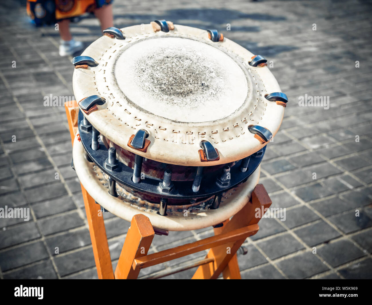 Traditional japanese percussion instrument shime-daiko or namitsuke it is one type of taiko drum. Stock Photo