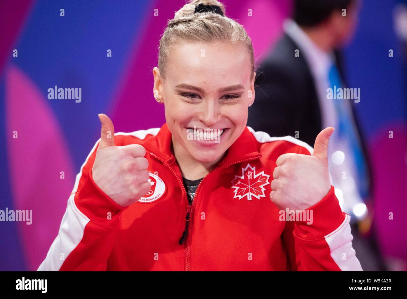 Lima, Peru. 29th July, 2019. Ellie Black of Canada gives the thumbs up after winning the gold medal at the Pan American Games Artistic Gymnastics Women's All Around final at Polideportivo Villa el Salvador in Lima, Peru. Daniel Lea/CSM/Alamy Live News Stock Photo