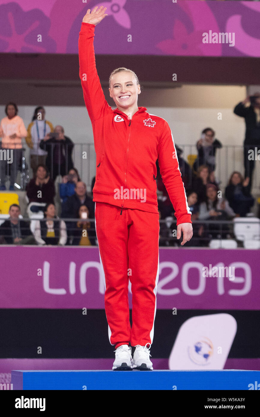 Lima, Peru. 29th July, 2019. Ellie Black of Canada salutes the crowd after winning the gold medal at the Pan American Games Artistic Gymnastics Women's All Around final at Polideportivo Villa el Salvador in Lima, Peru. Daniel Lea/CSM/Alamy Live News Stock Photo