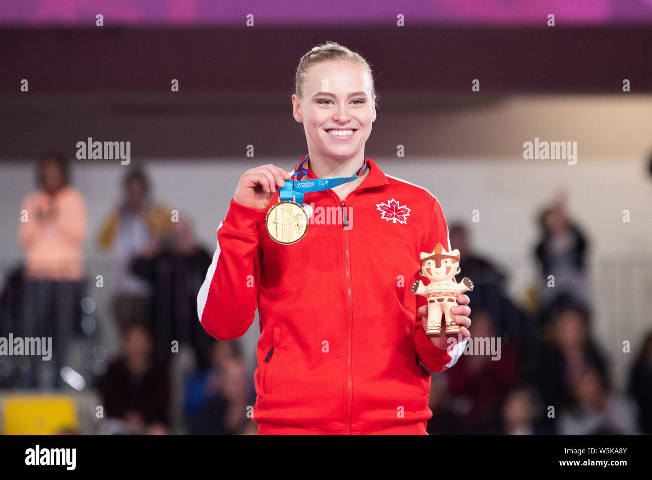 Lima, Peru. 29th July, 2019. Ellie Black of Canada on the podium after winning the gold medal at the Pan American Games Artistic Gymnastics Women's All Around final at Polideportivo Villa el Salvador in Lima, Peru. Daniel Lea/CSM/Alamy Live News Stock Photo