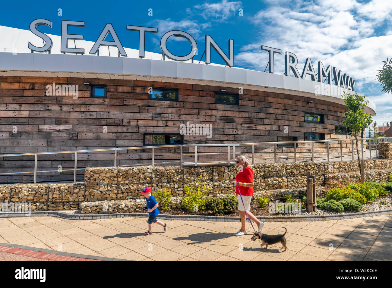 Situated in the South East Devon seaside town of Seaton, the new building for Seaton Tramway, opened in 2018, offers a small gift shop, a cafe and inf Stock Photo