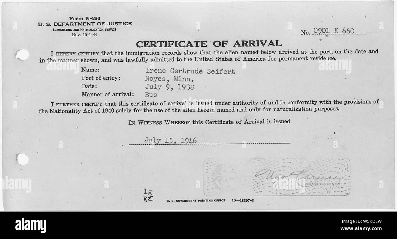 Certificate of Arrival for Irene Gertrude Seifert Stock Photo - Alamy