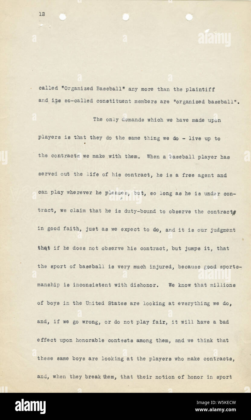 Charles Comiskey Affidavit, 01/14/1915 - 01/14/1915; Note that the original TIFF file could not be located for page 1, so it has been supplied as a smaller JPG.  Scope and content:  This item is an affidavit of Charles Comiskey, owner of the Chicago White Sox.  The affidavit is a history of his career in baseball, starting with his playing days and continuing through his ownership of the White Sox.  He details his contractual actions with specific players who were involved in the suit for signing contracts with multiple teams.  The affidavit includes the name of the court, case number and titl Stock Photo