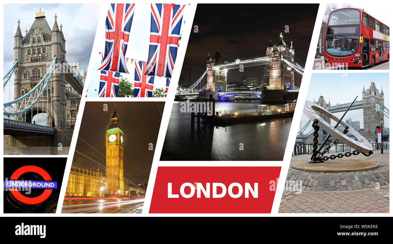 Famous London architecture landmarks and commonly used everyday objects collage Stock Photo