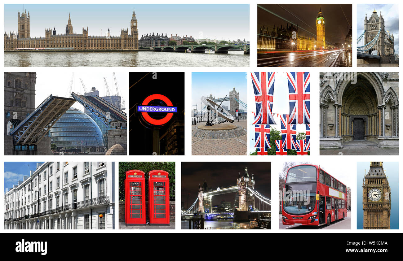 Famous London architecture and commonly used everyday objects collage Stock Photo