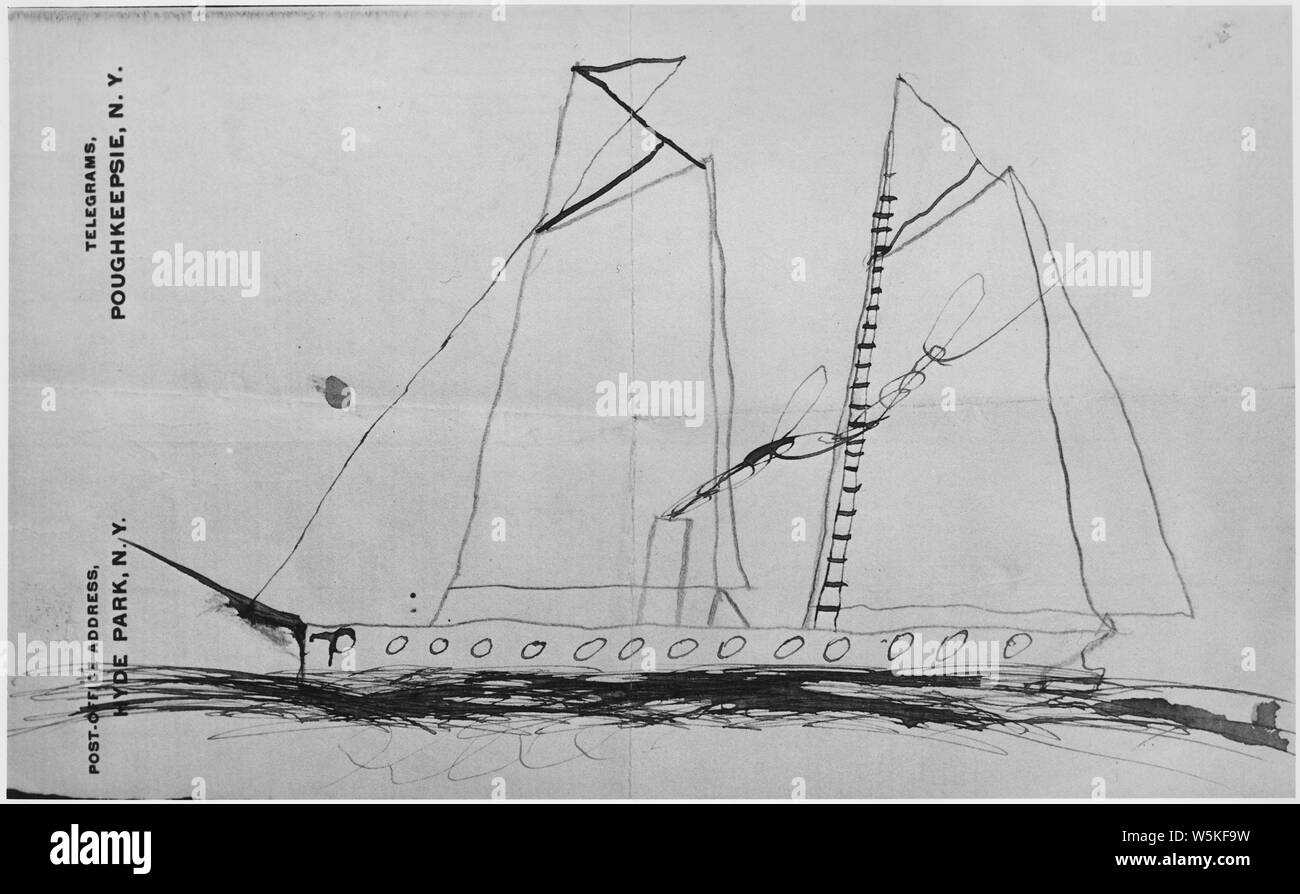 Childhood Drawing of a Sailing Ship by Franklin D. Roosevelt; Scope and content:  This item is a pencil drawing of a sailing ship drawn by Franklin D. Roosevelt as a child. The drawing accompanied a letter Roosevelt wrote to his mother Sara Delano Roosevelt in 1887.  The letter reads:  My dear mama we coasted yesterday nothing dangerous yet, look out for tomorrow!! your boy, F  A notation on the back of the letter by Roosevelt's mother reads: Written by Franklin when 5 years and 11 months old.  He knew his letters but was told how to spell the words - Jan. 1st 1888. Stock Photo