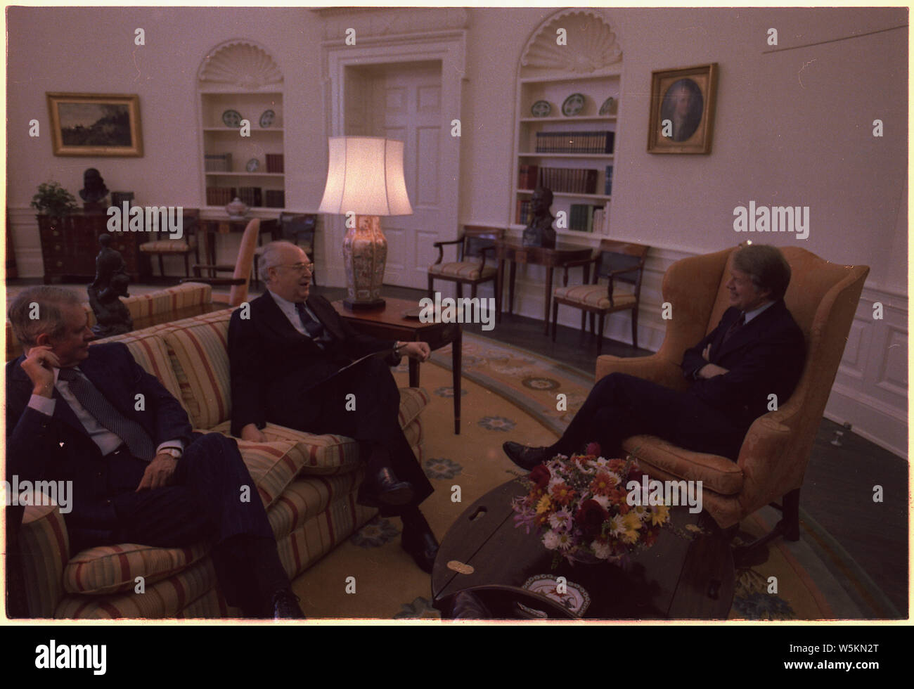 Cyrus Vance, USSR Ambassador Anatoly Dobrynin meet with Jimmy Carter in the Oval Office. Stock Photo
