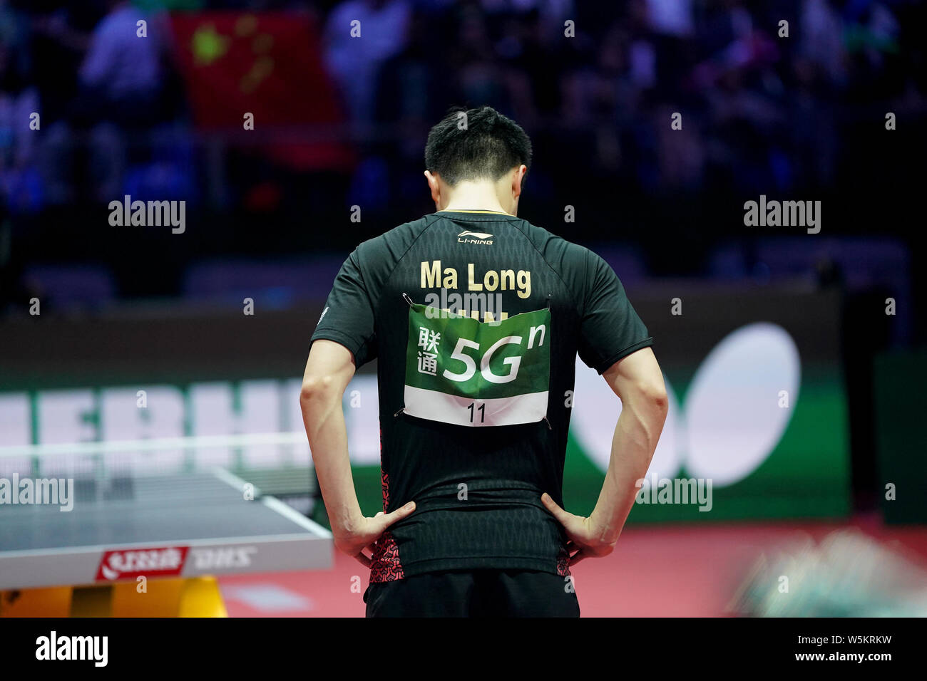 Ma Long of China reacts as he competes against Mattias Falck of Sweden in their final match of Men's Singles during the Liebherr 2019 ITTF World Table Stock Photo