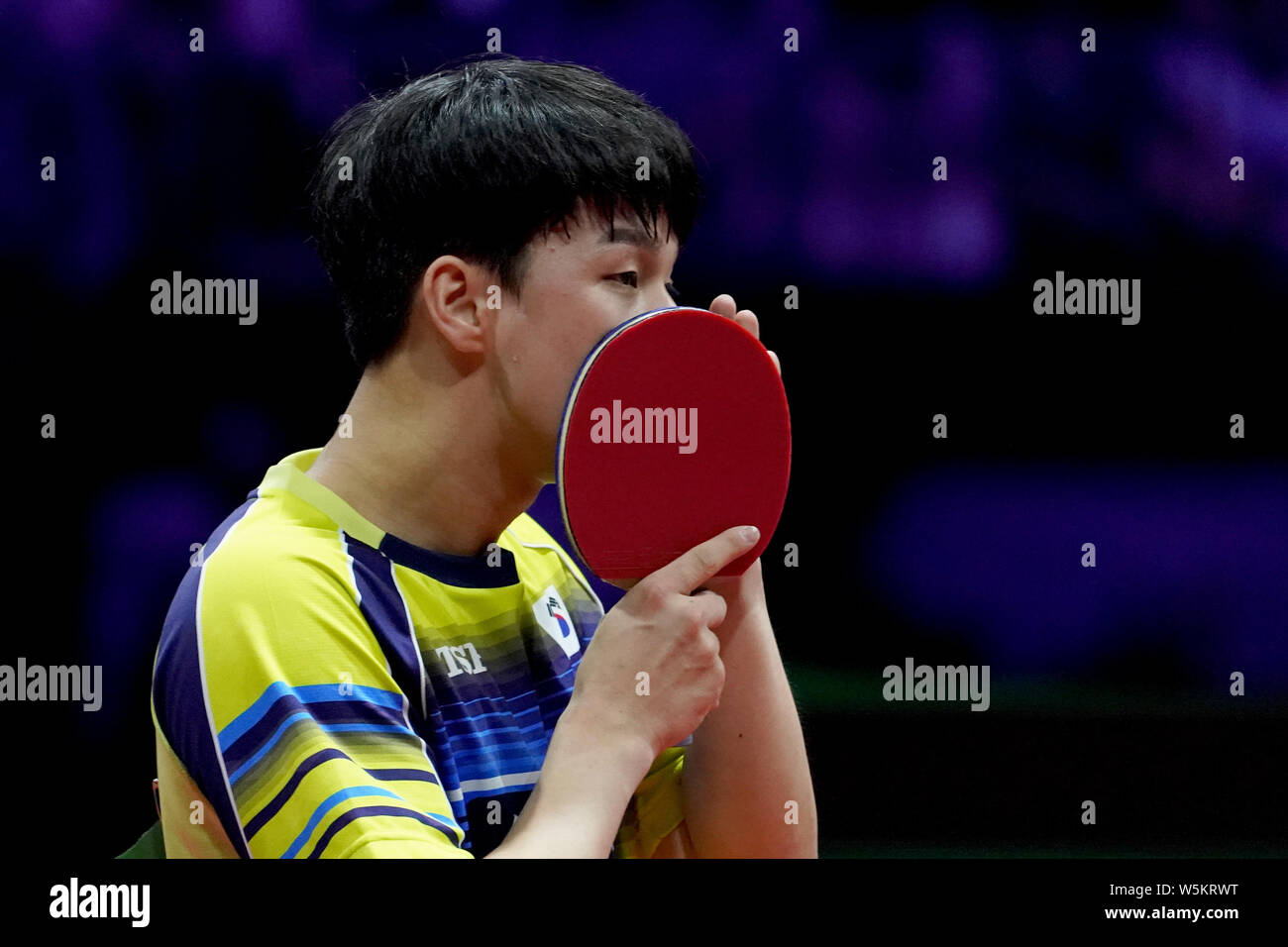 An Jaehyun of South Korea celebrates after scoring against Mattias Falck of  Sweden in their semifinal match of Men's Singles during the Liebherr 2019  Stock Photo - Alamy