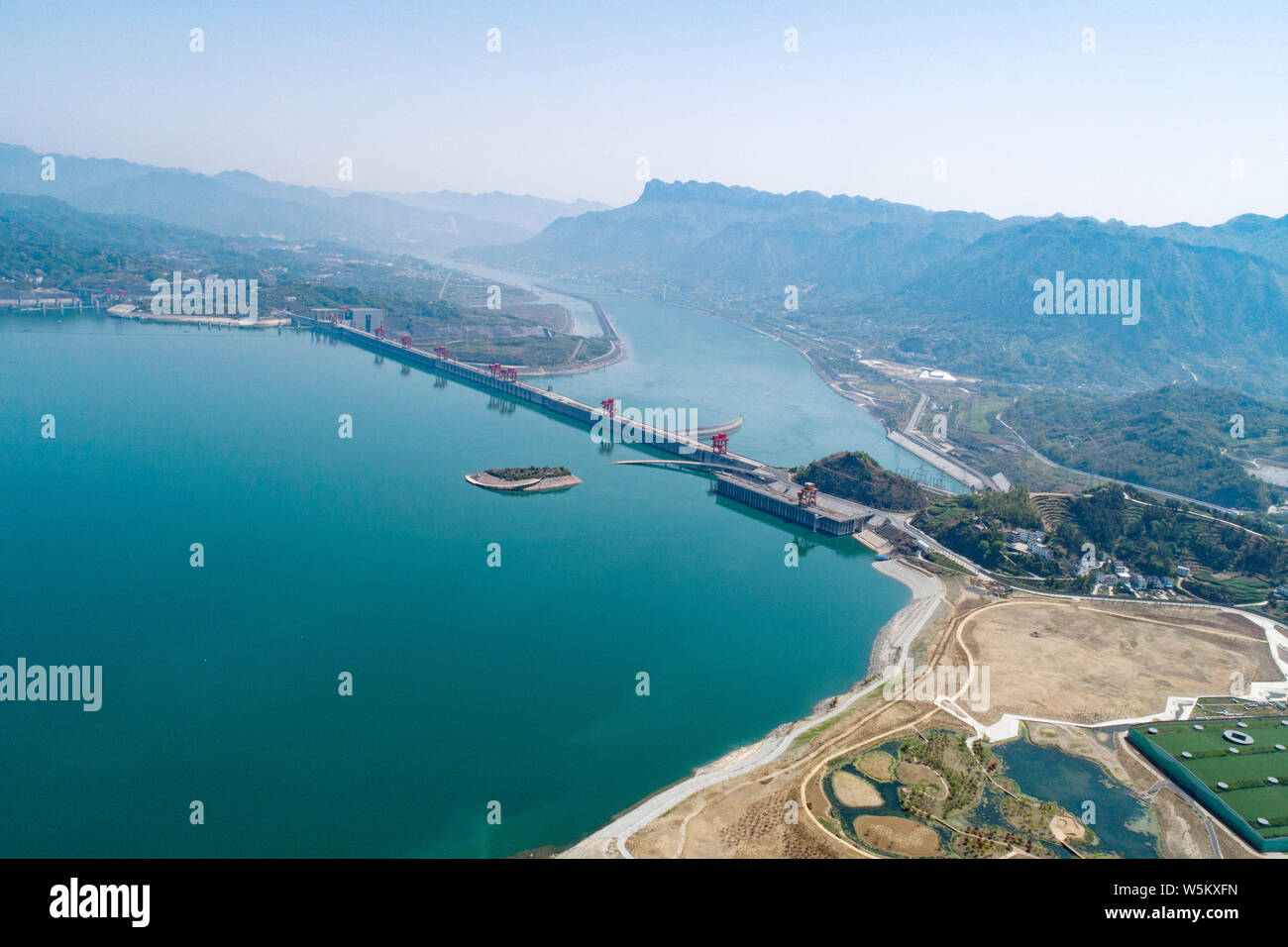 An aerial view of the Three Gorges Dam operated by China Three Gorges Corporation on the Yangtze River in Yichang city, central China's Hubei province Stock Photo