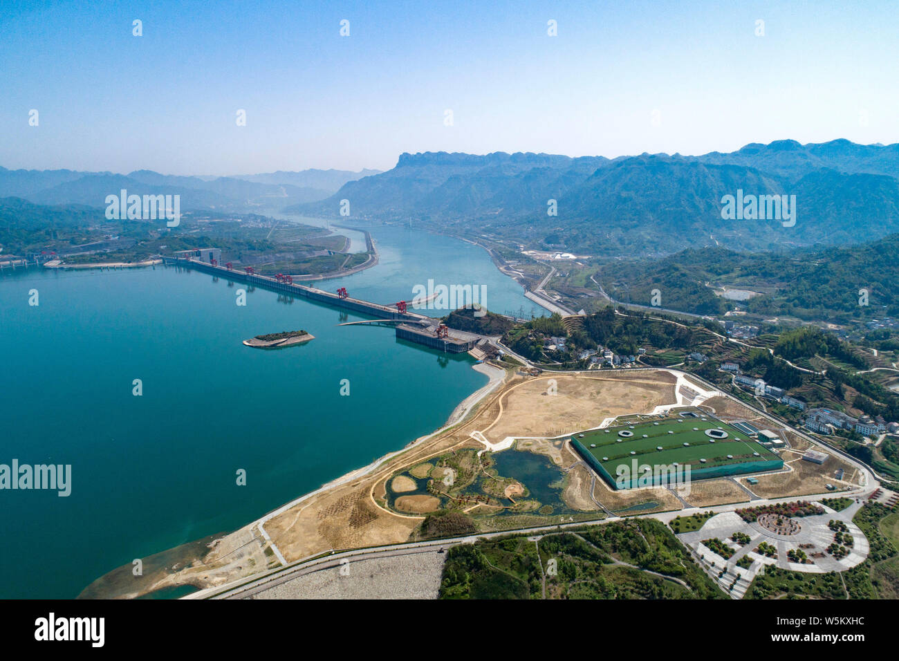 An aerial view of the Three Gorges Dam operated by China Three Gorges Corporation on the Yangtze River in Yichang city, central China's Hubei province Stock Photo