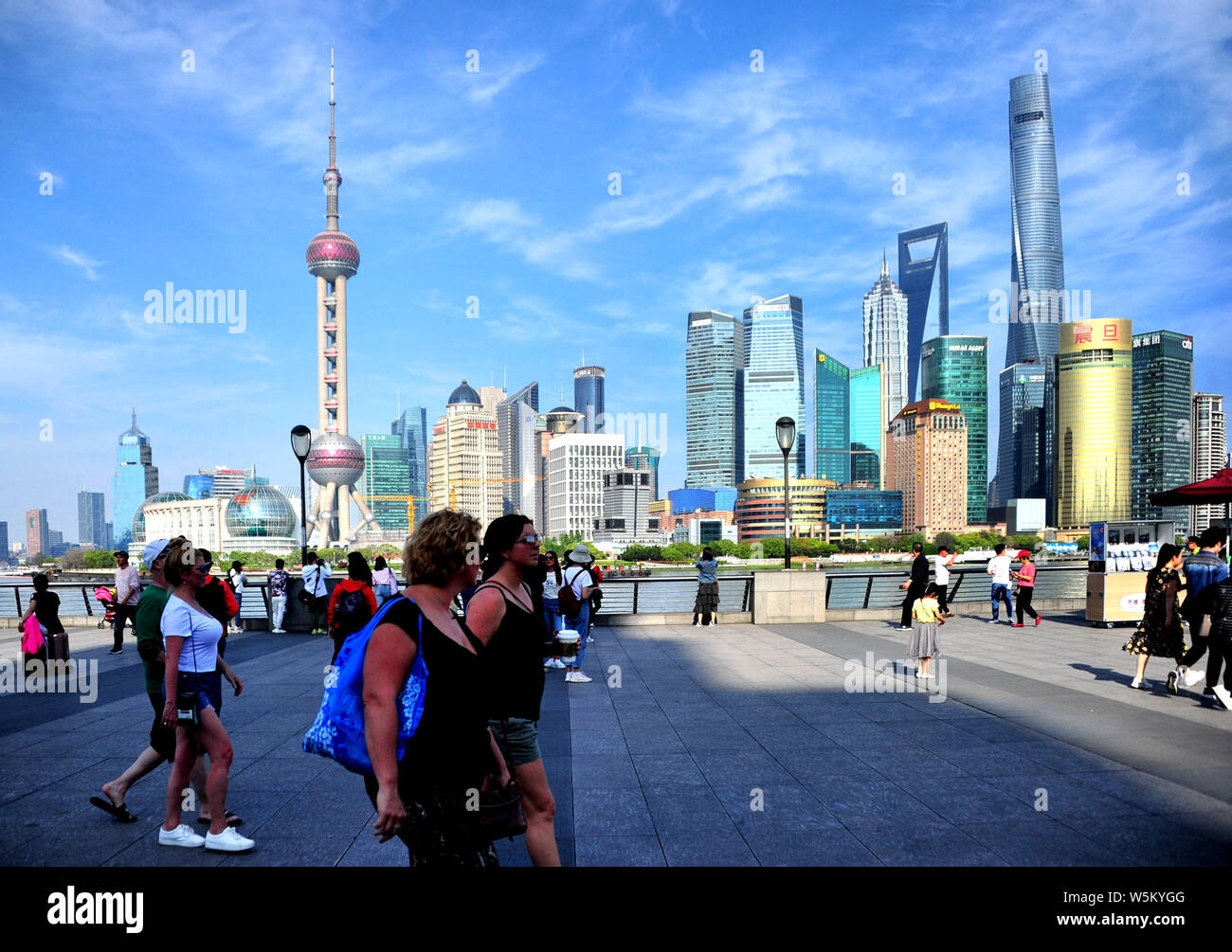 Pedestrians Walk Under The Hot Weather At The Bund Or Waitan In Shanghai China 18 April 19 It Was A Summer Like Day On Thursday With The Mercur Stock Photo Alamy