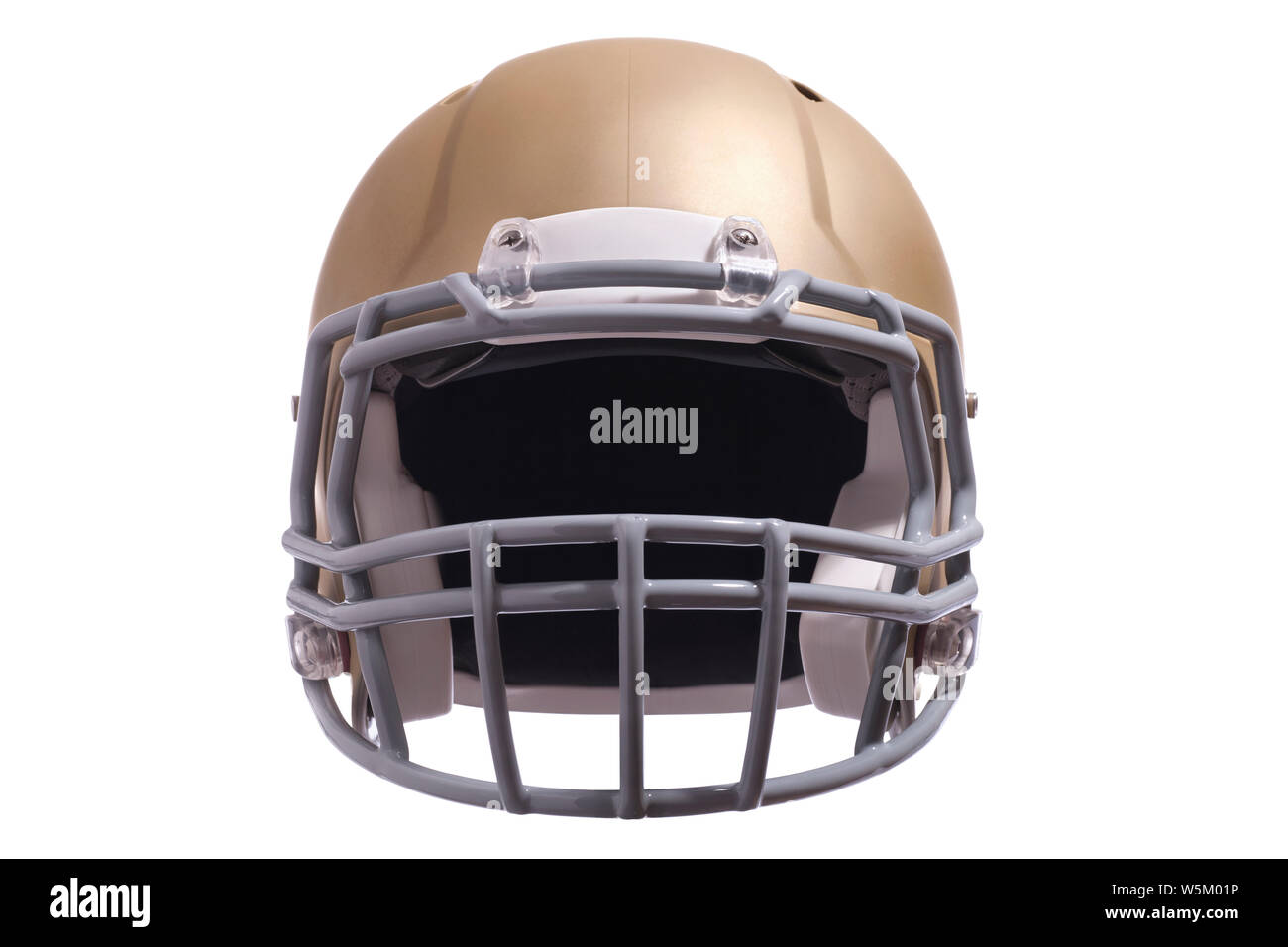 A gold colored modern football helmet front view isolated on white background Stock Photo