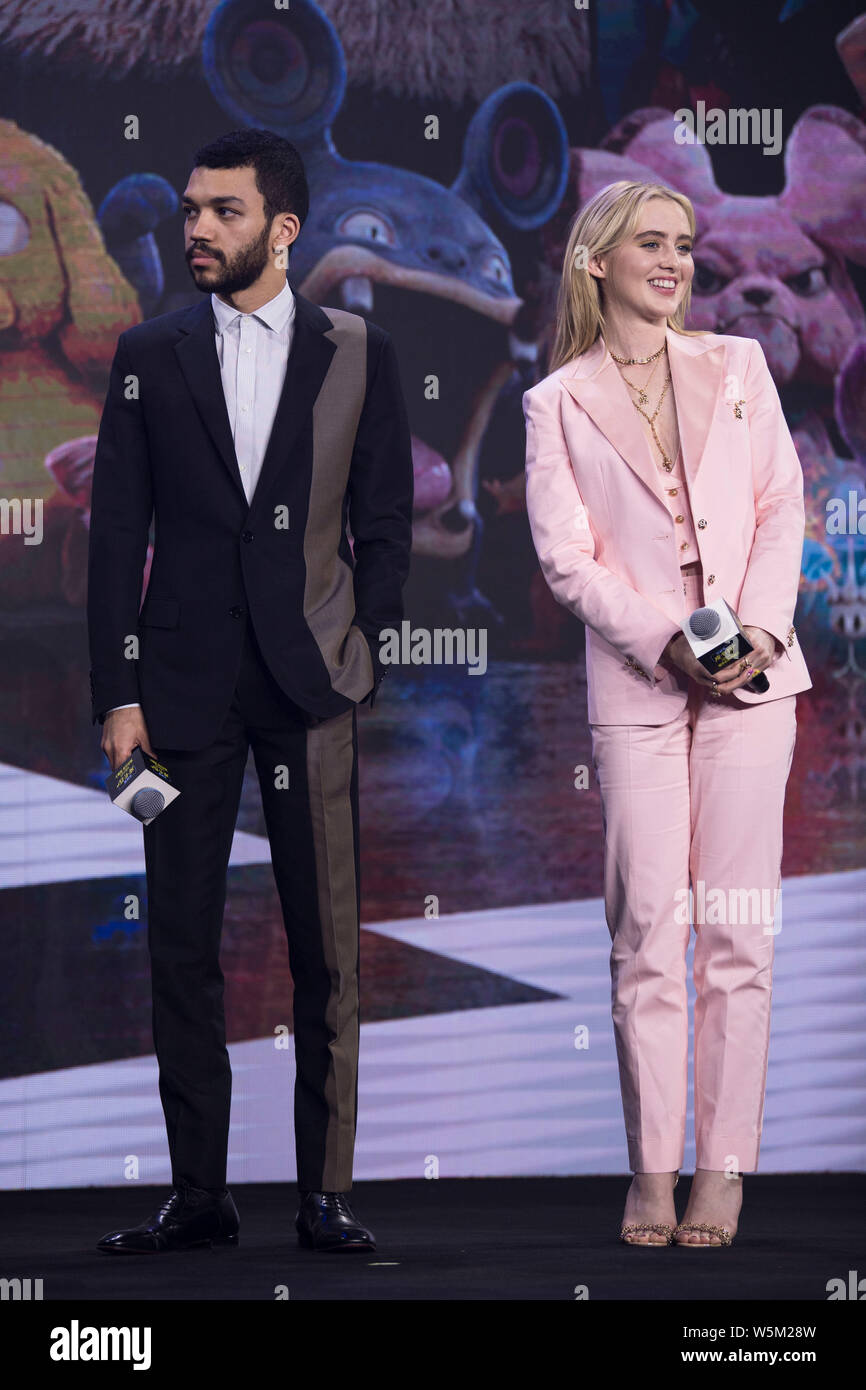 American actress Kathryn Newton, right, and actor Justice Smith attend a press conference for new movie 'Pokemon Detective Pikachu' in Beijing, China, Stock Photo