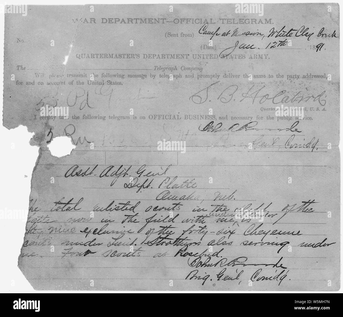 Enumeration of Scouts; Scope and content:  This is document pertains to: Correspondence Between Military Officers Regarding Wounded Knee Tragedy. November 24, 1890 to January 24, 1891. Stock Photo