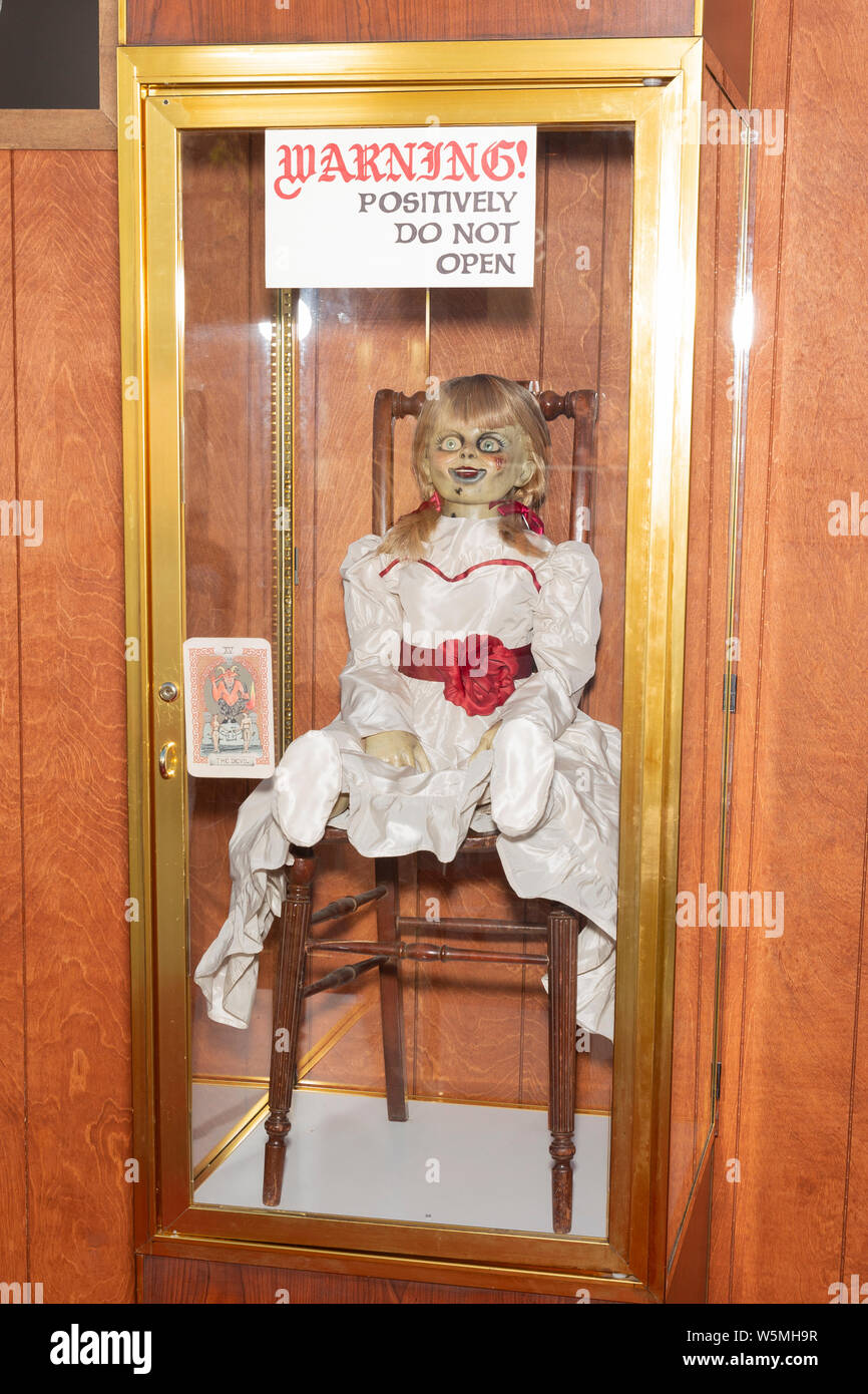 Westwood, CA - July 20, 2019: Annabelle Doll on display at premiere thriller Annabelle Comes Home at Regency Village Theatre Stock Photo