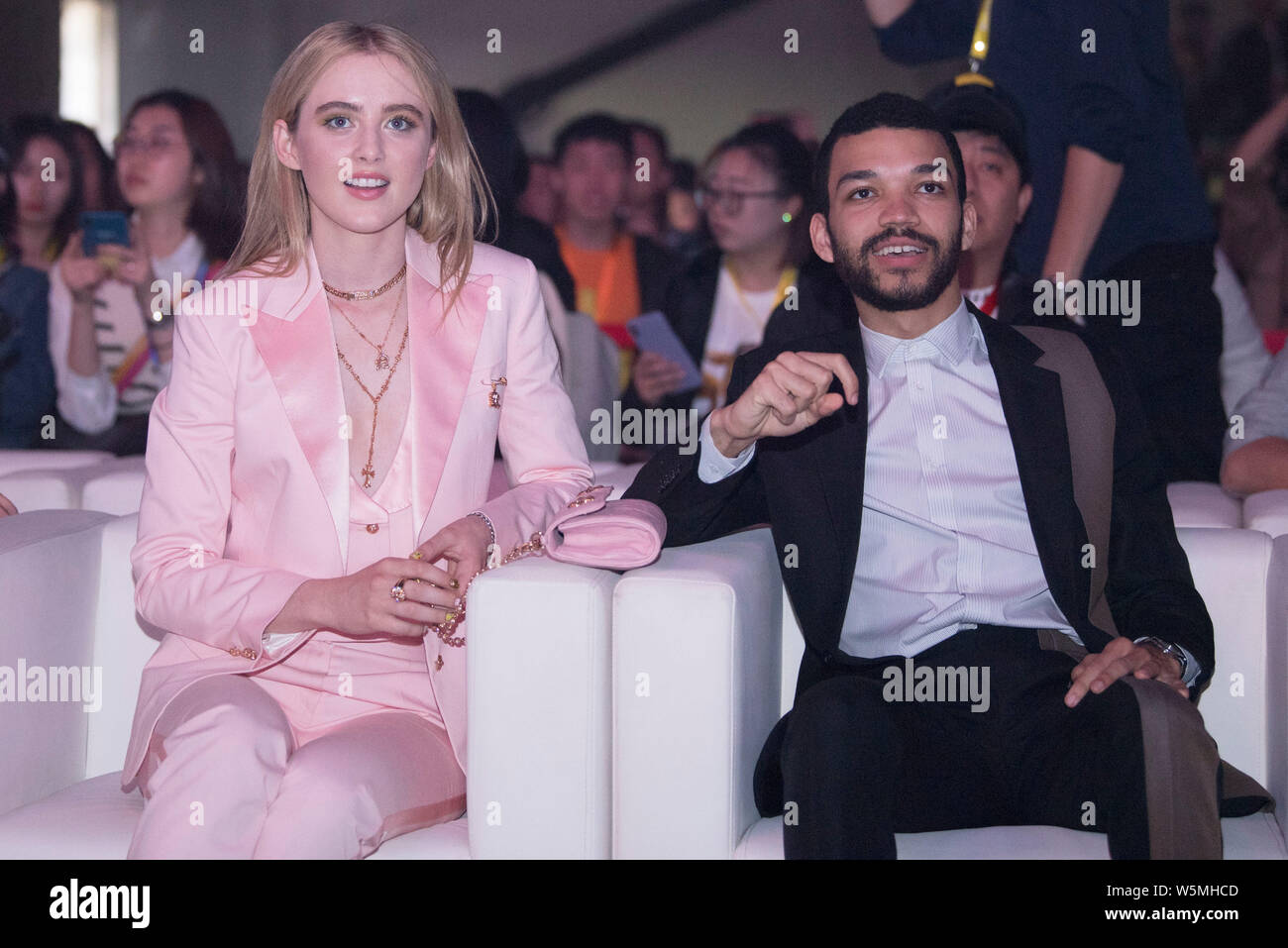 American actress Kathryn Newton, left, and actor Justice Smith attend a press conference for new movie 'Pokemon Detective Pikachu' in Beijing, China, Stock Photo