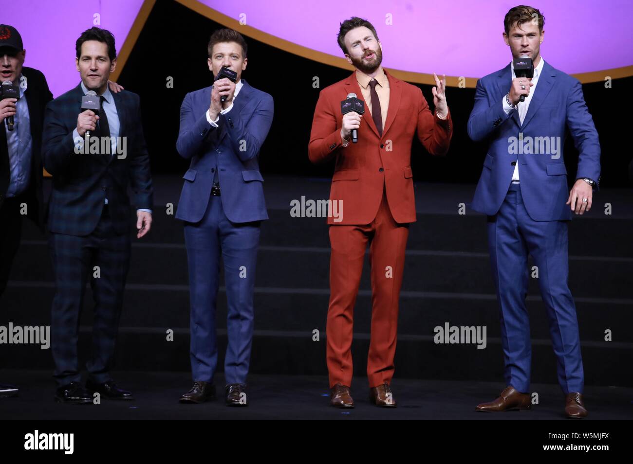 (From left) Paul Rudd, Jeremy Renner, Chris Evans and Chris Hemsworth attend a premiere event for the movie 'Avengers: Endgame' in Shanghai, China, 18 Stock Photo