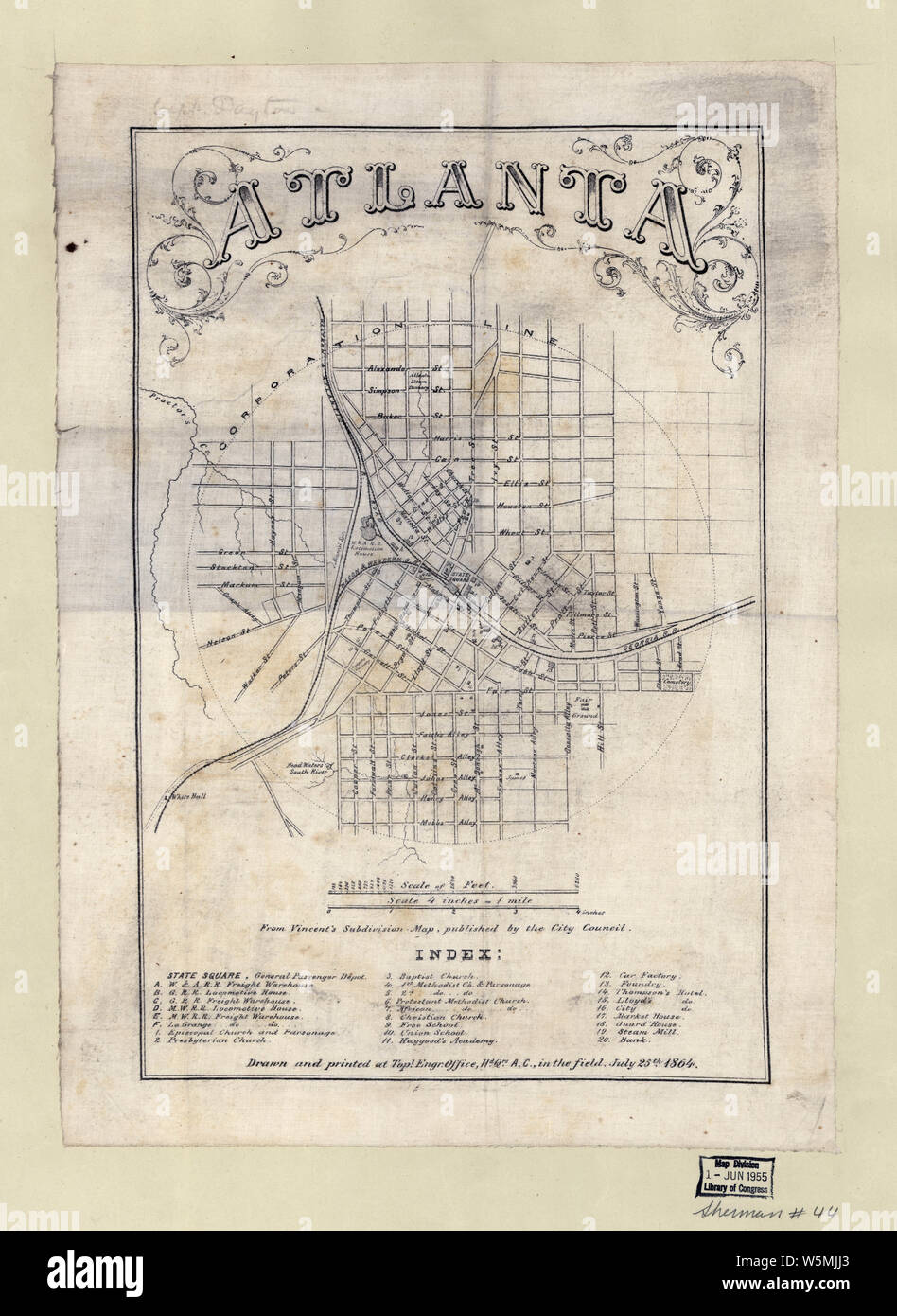 Civil War Maps 0062 Atlanta from Vincent's subdivision map published by the City Council Rebuild and Repair Stock Photo