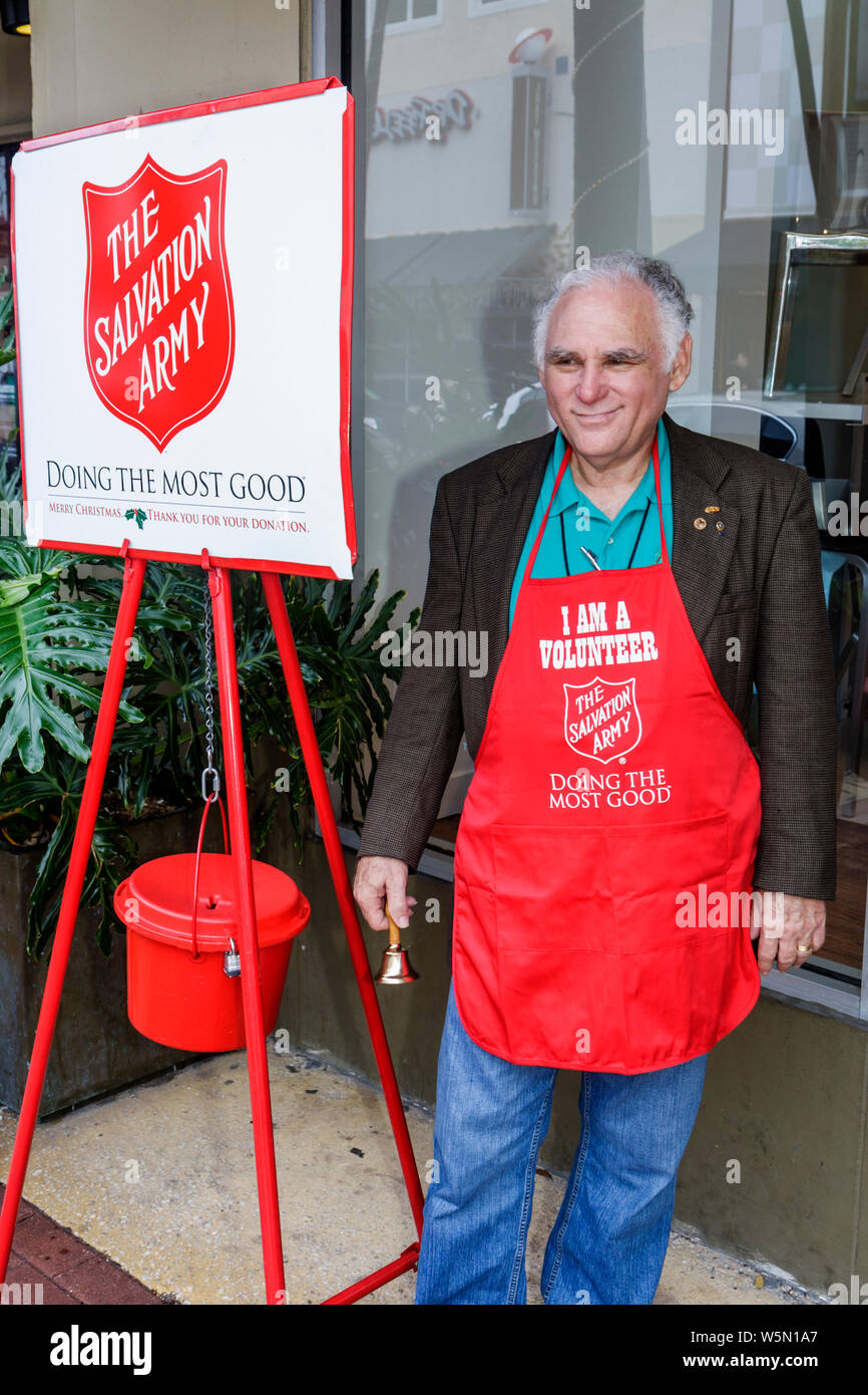 West Palm Beach Florida,Clematis Street,Salvation Army,evangelical Christian church,religion,collection point,donation,fundraising,charity,Red Shield, Stock Photo