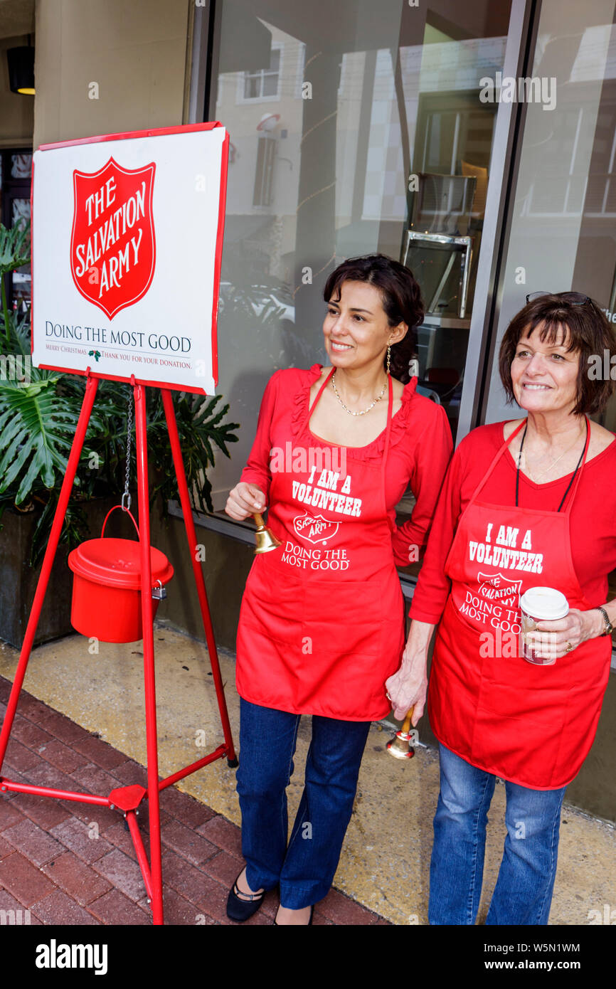 West Palm Beach Florida,Clematis Street,Salvation Army,evangelical Christian church,religion,collection point,donation,fundraising,charity,Red Shield, Stock Photo
