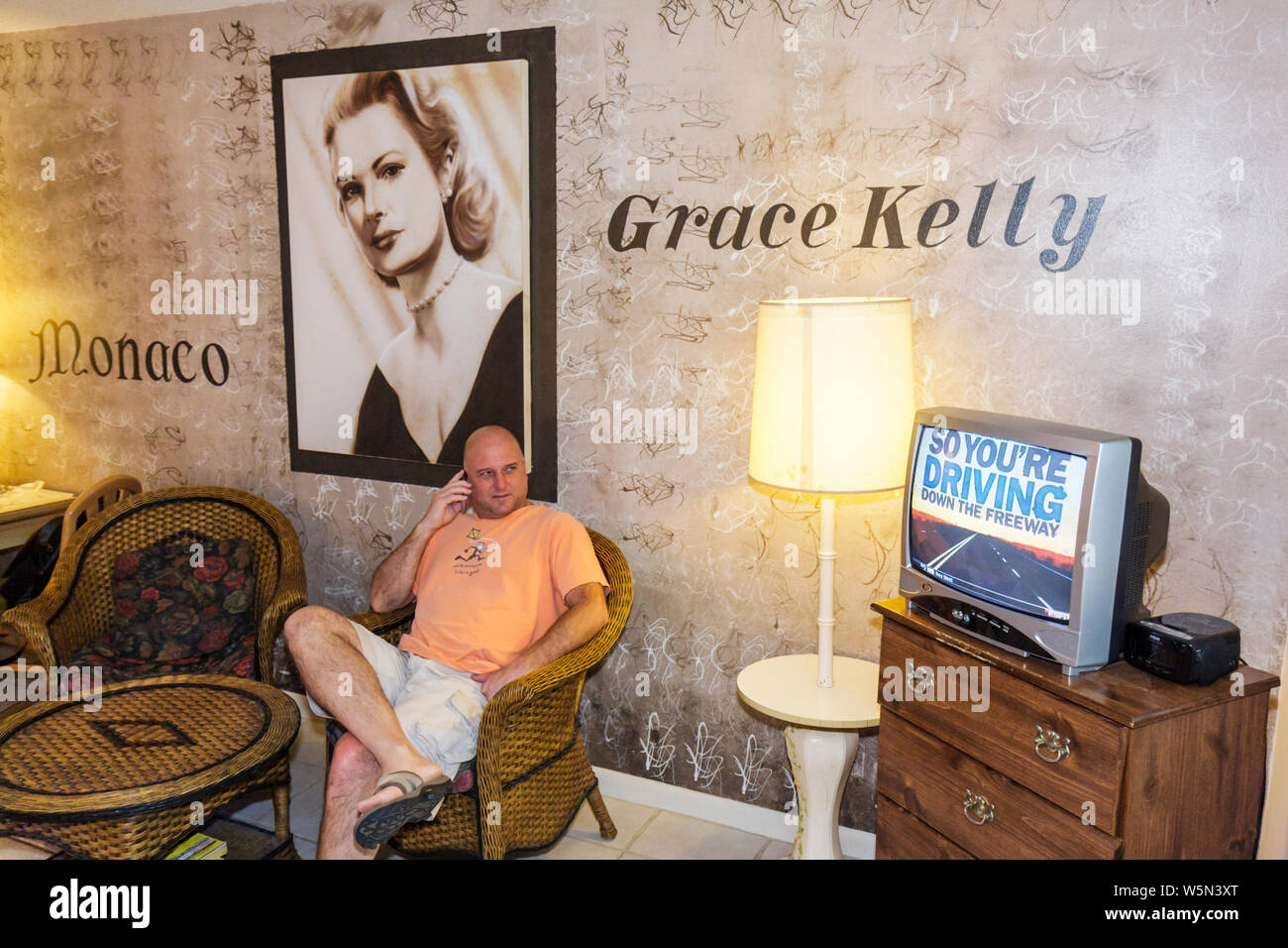 Florida Lake Worth,The Motel of Stars,lodging,Americana,themed rooms,budget,guest room,interior inside,Grace Kelly suite,TV,television,set,adult adult Stock Photo